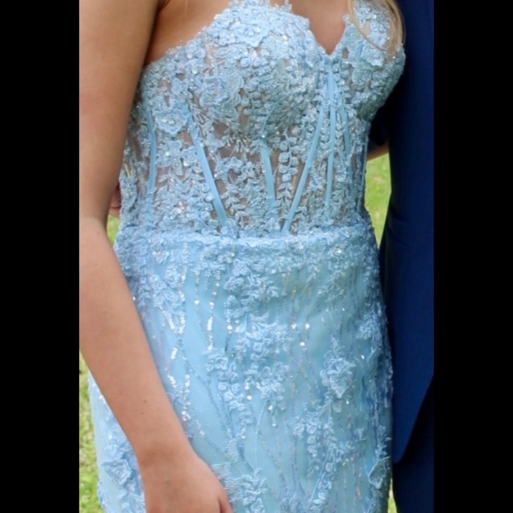 Sherri Hill Blue Strapless Lace Sequin Floor Length Gown Size 10 Like New